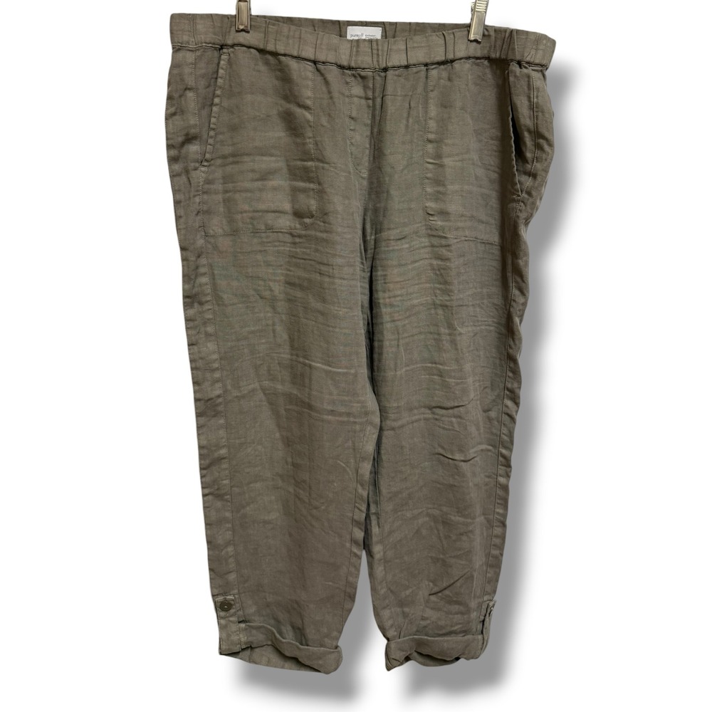 Pure J.‎ Jill Linen Cropped Pants Elastic Waist Olive Gray Womens L Relaxed Fit - Picture 2 of 7